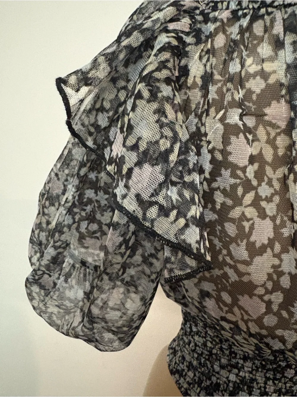 Floral Smocked Puff-Sleeve Top - Black/Gray